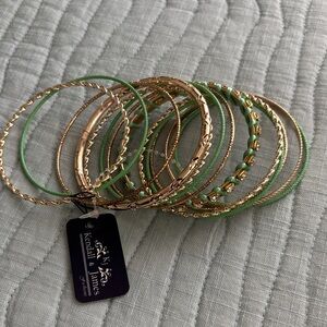 Kendall & James set of 13 Gold-tone and Green Bangle bracelets